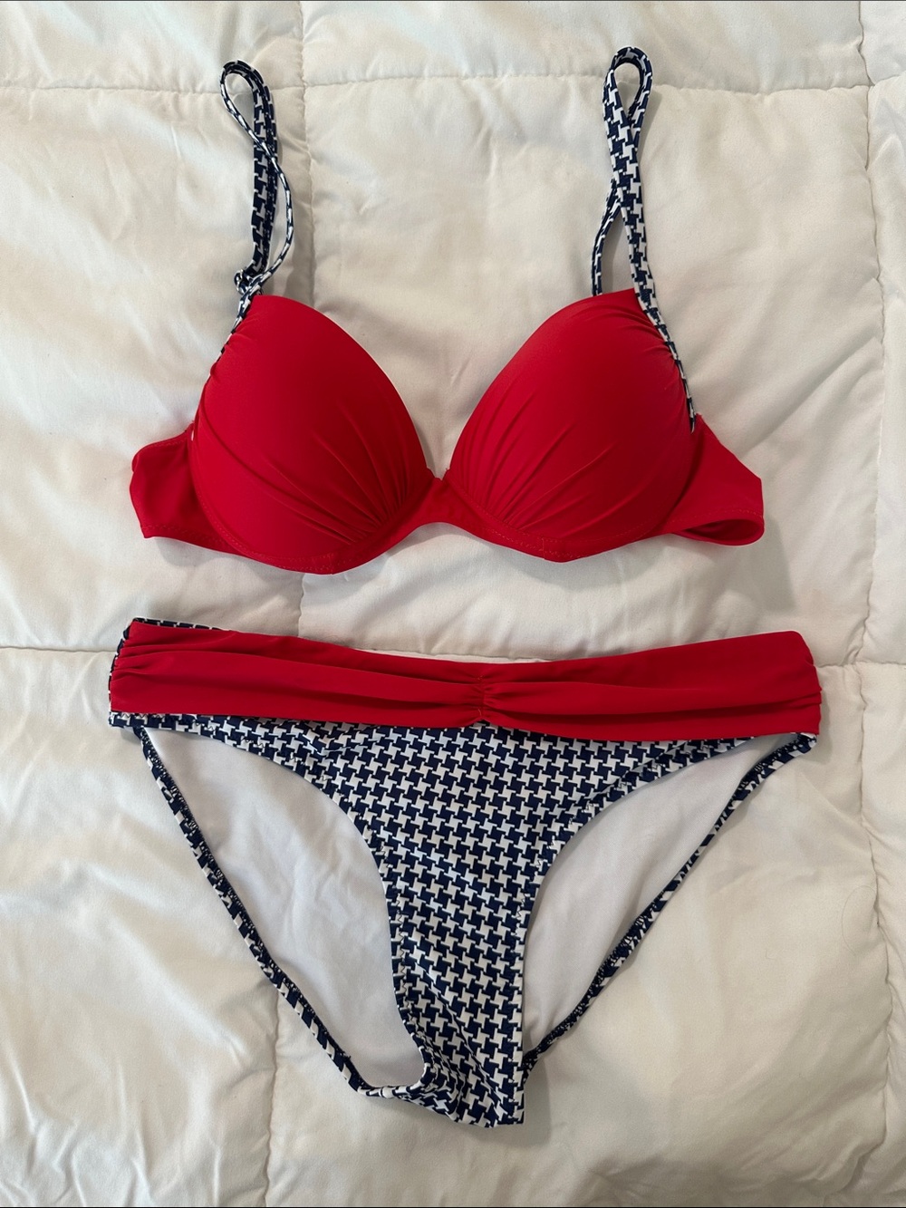 Red Two-Piece Bikini with Navy Houndstooth Detail